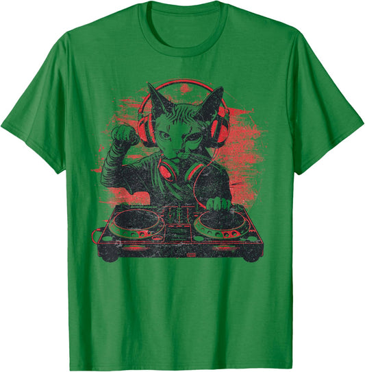 Funny Retro House DJ Sphynx Cat Disco Headphone Tech Sound T-Shirt - T-Shirt | Irish Green
