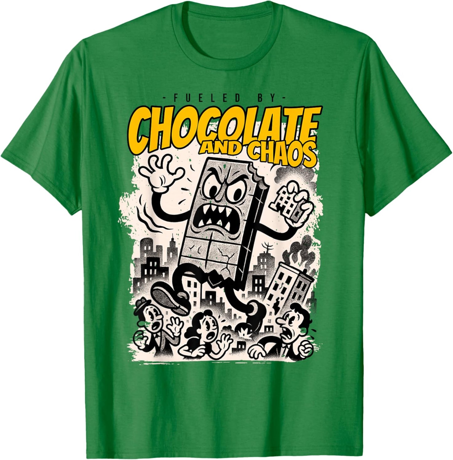 Chocolate and Chaos Kaiju Monster Funny Retro Choco Cartoon T-Shirt - T-Shirt | Irish Green
