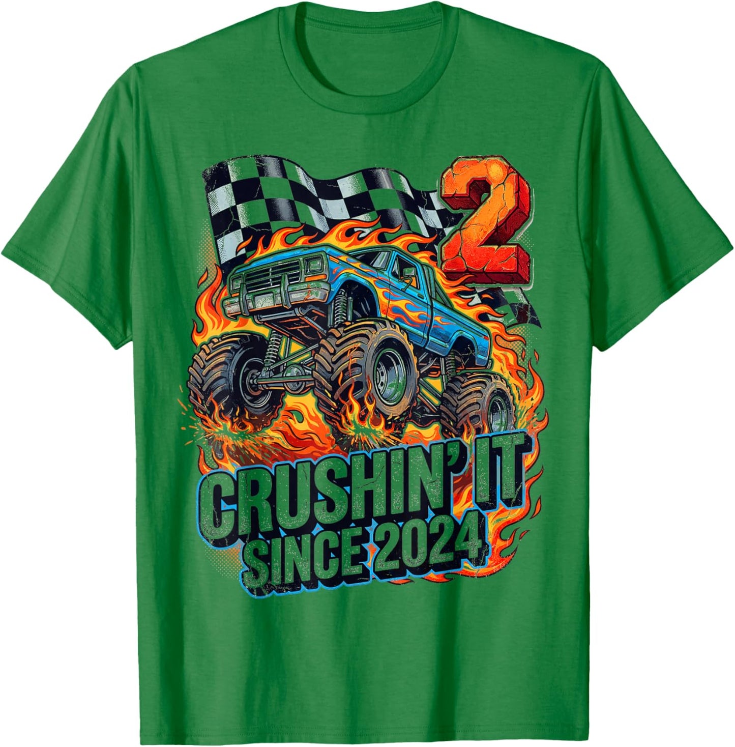 Birthday Monster Truck 2 Year Old Boys 2nd Party Born 2024 T-Shirt - T-Shirt | Irish Green