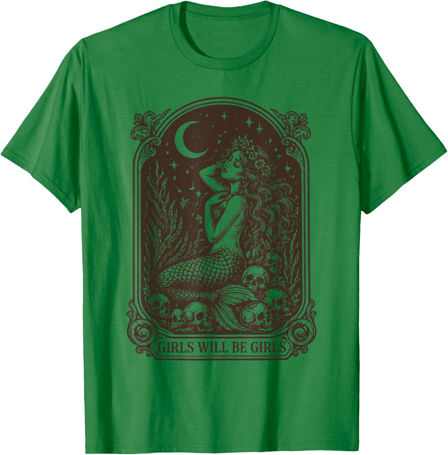 Girls Will Be Girls Mermaid Skull Moon Stars T-Shirt - T-Shirt | Irish Green