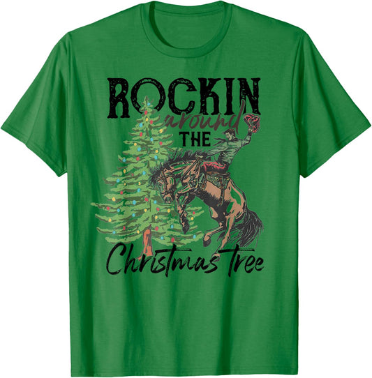 Rockin' Around The Christmas Tree Cowboy Santa Ride Horse T-Shirt - T-Shirt | Irish Green