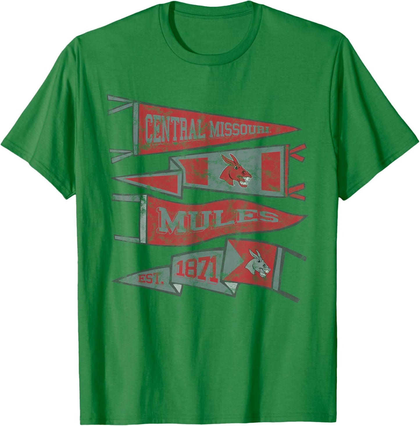 University of Central Missouri UCM Mules Distressed Pennants T-Shirt - T-Shirt | Irish Green
