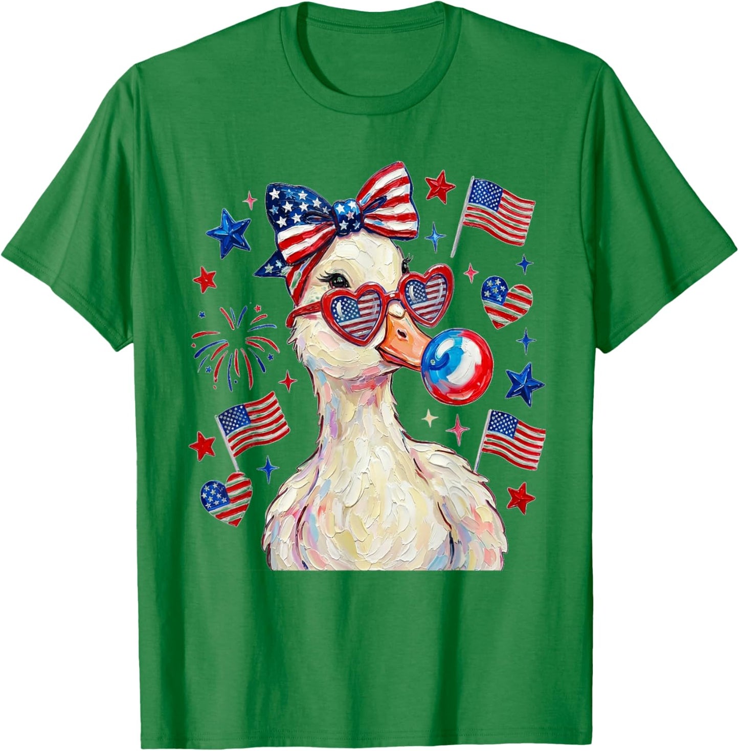 Cute Patriotic Goose Blowing Buble Gum Coquette 4th of July T-Shirt - T-Shirt | Irish Green