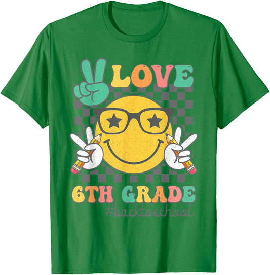 Peace Love 6th Grade Cute Smile Face Back To School Girls T-Shirt - T-Shirt | Irish Green