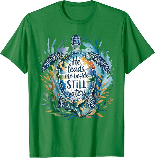 He Leads Me Beside Still Waters Sea Turtle Psalm 23:2 Art T-Shirt - T-Shirt | Irish Green
