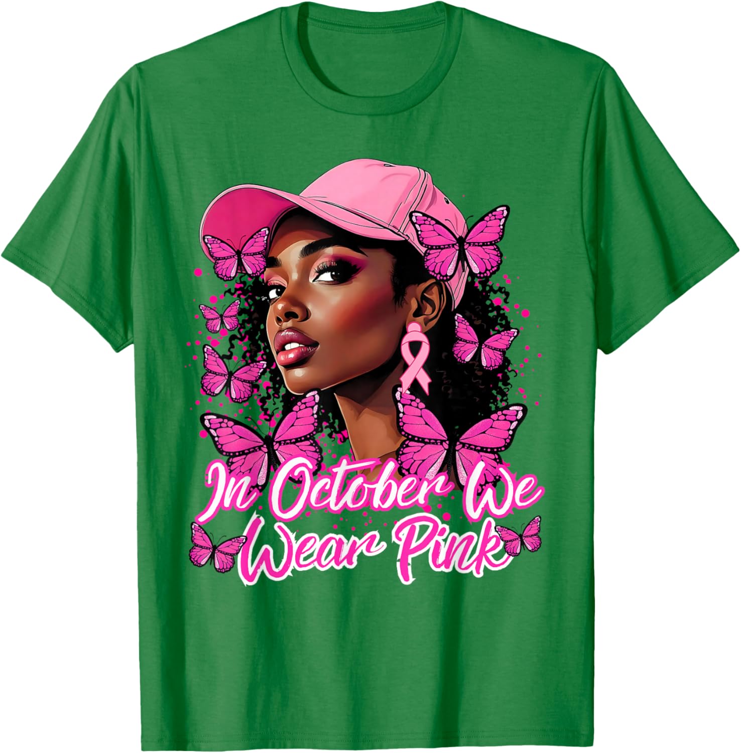 We Wear Pink in October Black Women Breast Cancer Butterfly T-Shirt - T-Shirt | Irish Green
