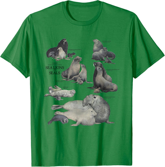 Vintage Pacific Sea Lions and Seals Species Chart T-Shirt - T-Shirt | Irish Green