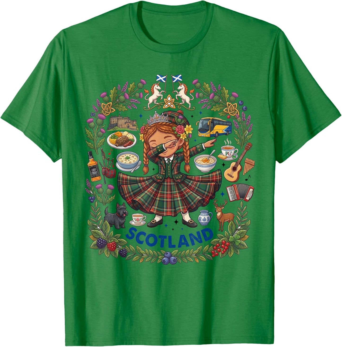 Dabbing Scotland Girl Tartan Kilt Scottish Thistle Pride T-Shirt - T-Shirt | Irish Green