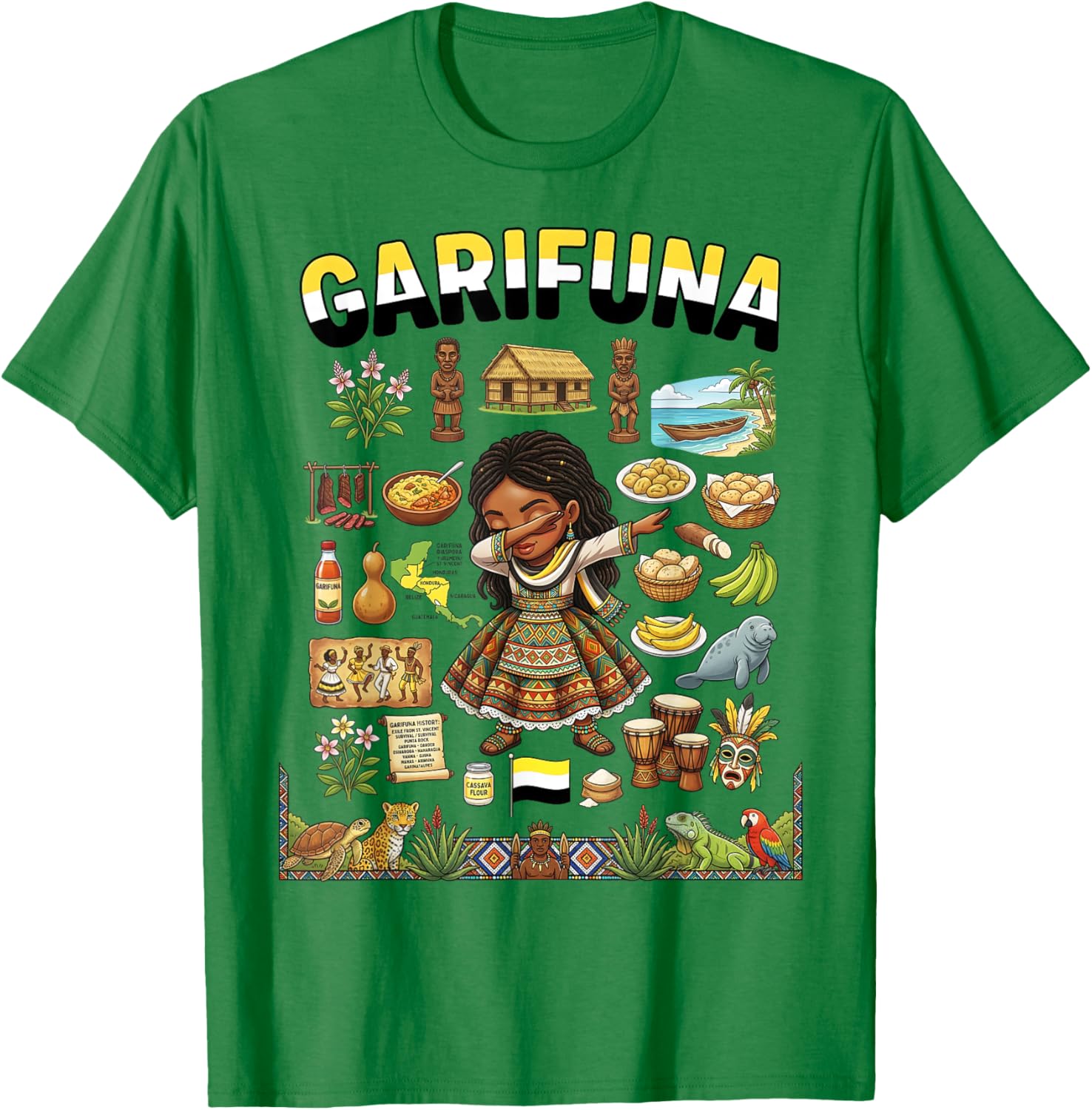 Dabbing Garifuna Flag Girl Pride Afro-Indigenous Heritage T-Shirt - T-Shirt | Irish Green