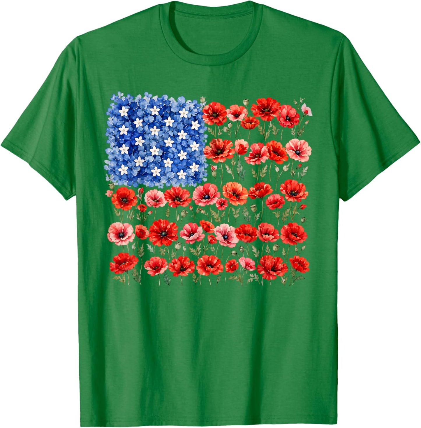 Red Poppy Flower American Flag Memorial Day Poppies T-Shirt - T-Shirt | Irish Green