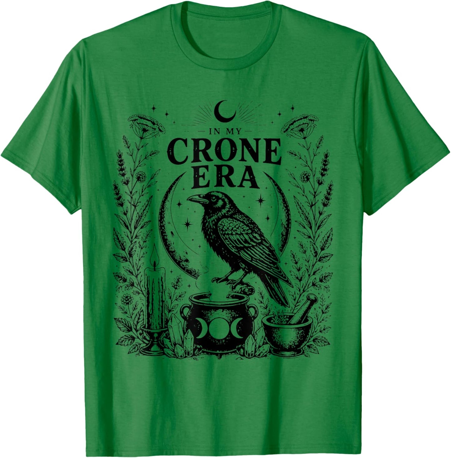 in My Crone Era Gothic Witchcraft Cauldron Funny Crow T-Shirt - T-Shirt | Irish Green