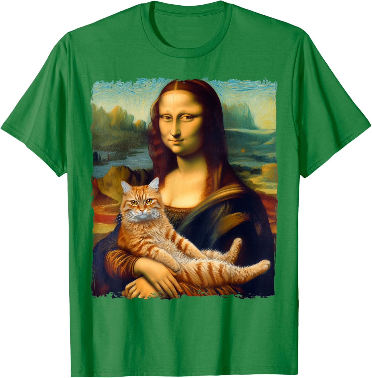 Mona Lisa Holding Cat Portrait Art Painting Kitty Cat Mom T-Shirt - T-Shirt | Irish Green