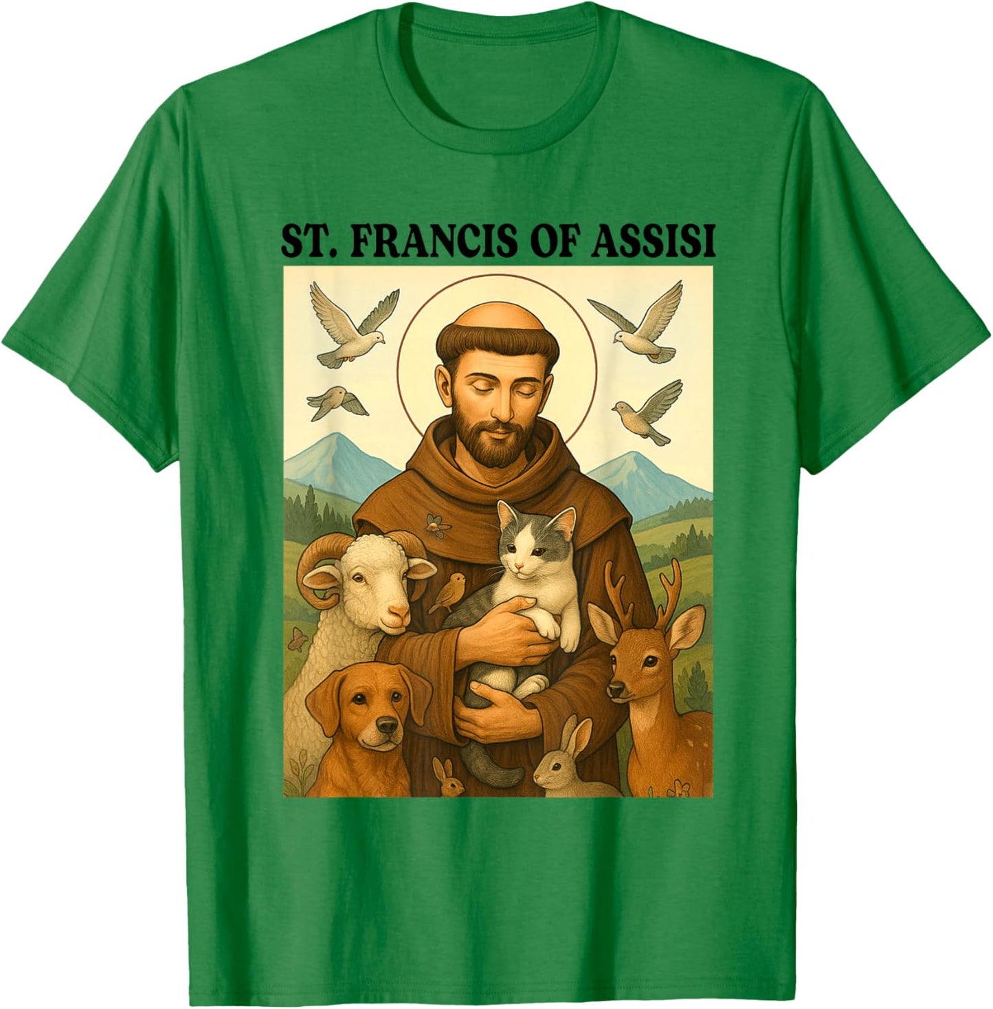 Catholic Faith Animal Lover Cat Dog St. Francis of Assisi T-Shirt - T-Shirt | Irish Green