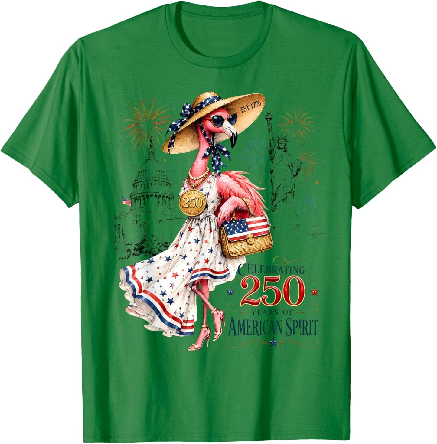 Patriotic Flamingo 250 Years Celebrating American Spirit T-Shirt - T-Shirt | Irish Green