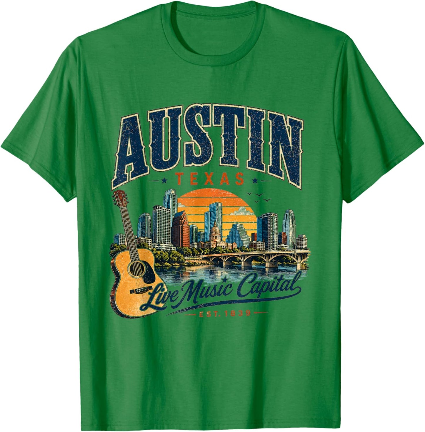 Austin Texas Live Music Capital Vintage Guitar Style T-Shirt - T-Shirt | Irish Green