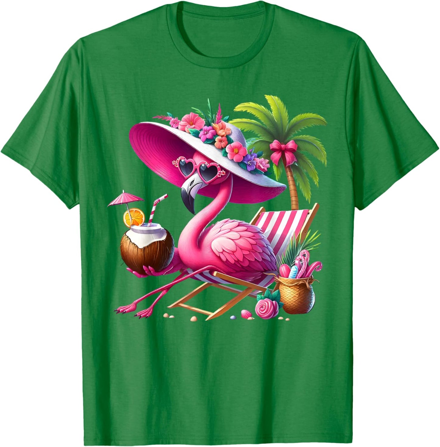 Flamingo Pink Palm Tree Tropical Beach Summer Vacation Women T-Shirt - T-Shirt | Irish Green