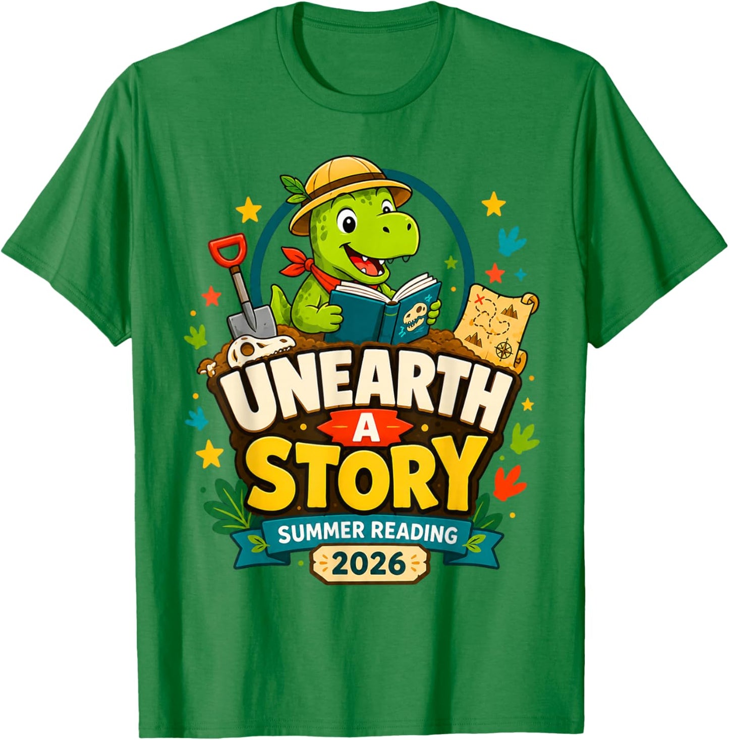 Unearth A Story Summer Reading 2026 Reading Book T-Shirt - T-Shirt | Irish Green