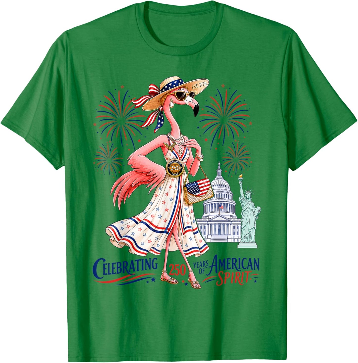 Patriotic Flamingo Celebrating 250 Years of American Spirit T-Shirt - T-Shirt | Irish Green