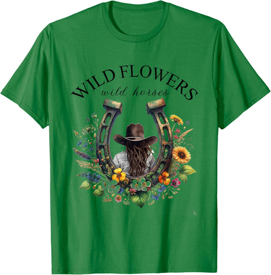 Retro Southern Sunset Cowgirl Wild Flowers - Wild Horses T-Shirt - T-Shirt | Irish Green