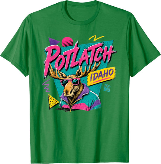 Potlatch Idaho Retro 80s 90s Funky Moose Wearing Sunglasses T-Shirt - T-Shirt | Irish Green