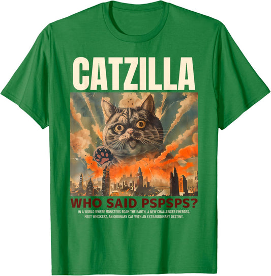 Catzilla! Who Said Pspspsps? Funny Cat Men Women Kids T-Shirt - T-Shirt | Irish Green