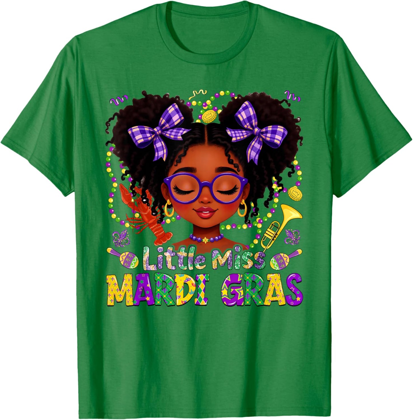 Little Miss Mardi Gras Afro Messy Bun New Orleans Girls Kids T-Shirt - T-Shirt | Irish Green