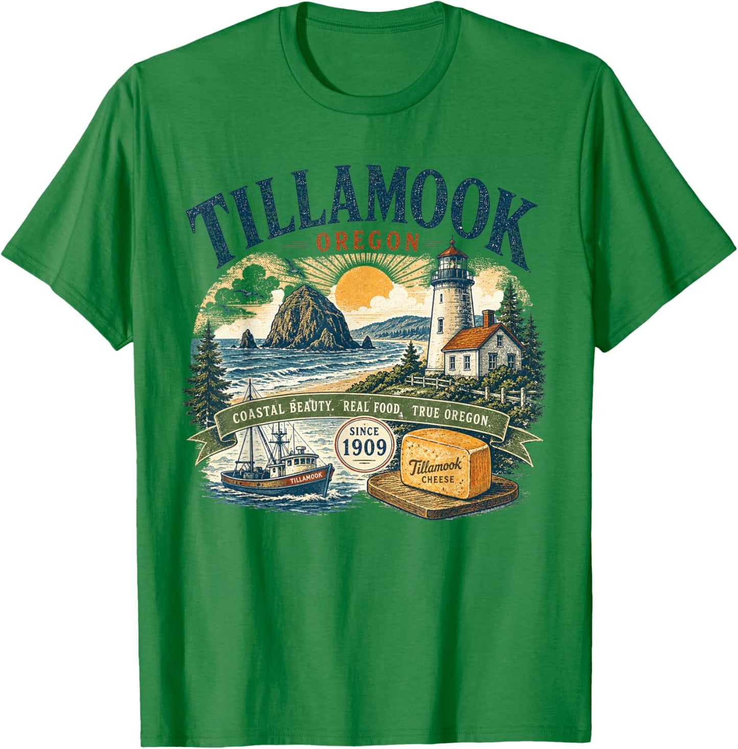 Tillamook Oregon Coastal Beauty - Vintage Retro Illustration T-Shirt - T-Shirt | Irish Green