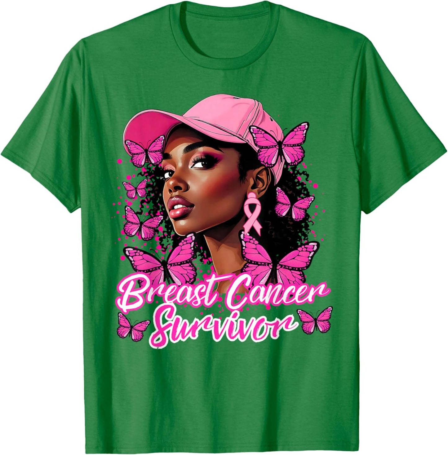 Black Afro Women Butterfly Breast Cancer Awareness Survivor T-Shirt - T-Shirt | Irish Green