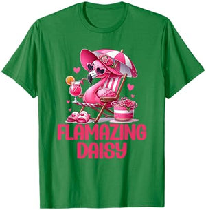 Flamazing Daisy Pink Flamingo Tropical Beach Scene Women's T-Shirt - T-Shirt | Irish Green