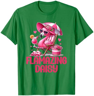 Flamazing Daisy Pink Flamingo Tropical Beach Scene Women's T-Shirt - T-Shirt | Irish Green