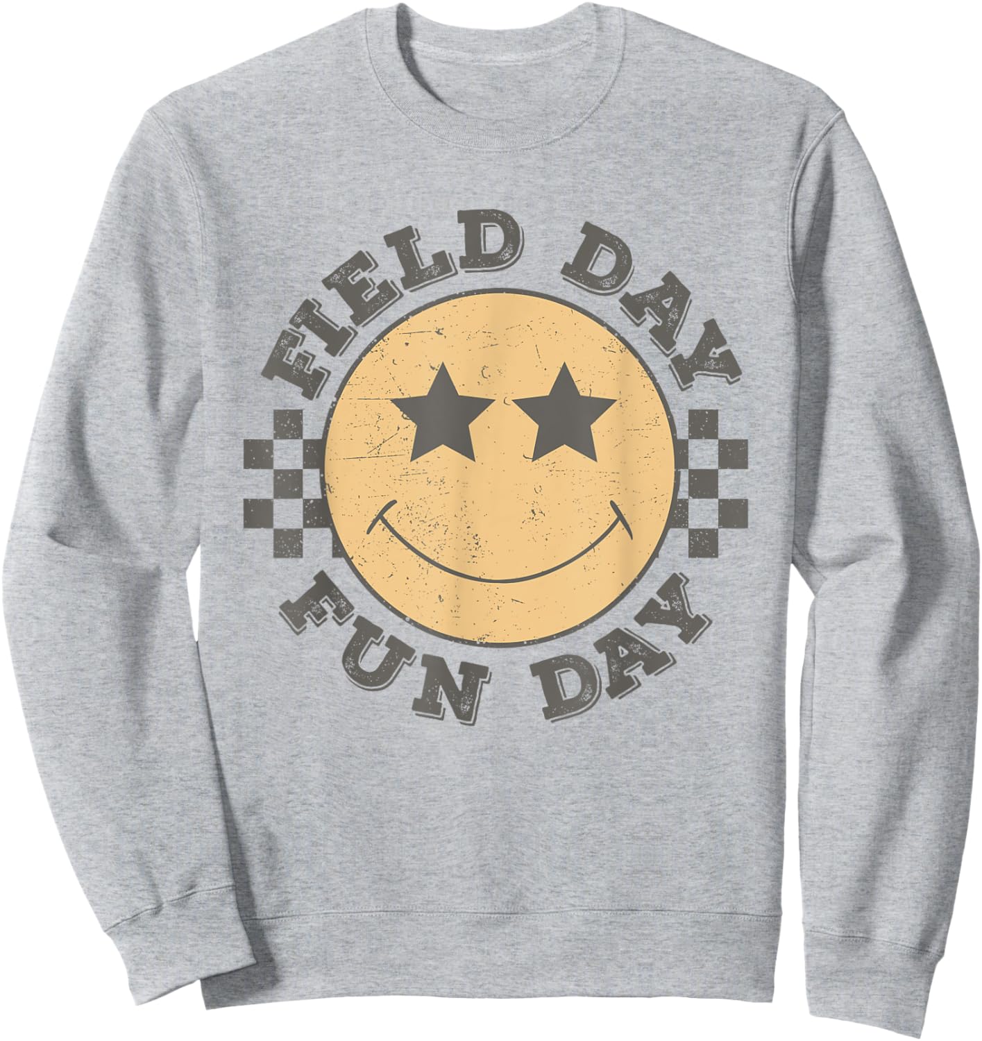 Field Day Fun Day 2025 Groovy Smile Face Checkered Students Sweatshirt - Sweatshirt | Ash