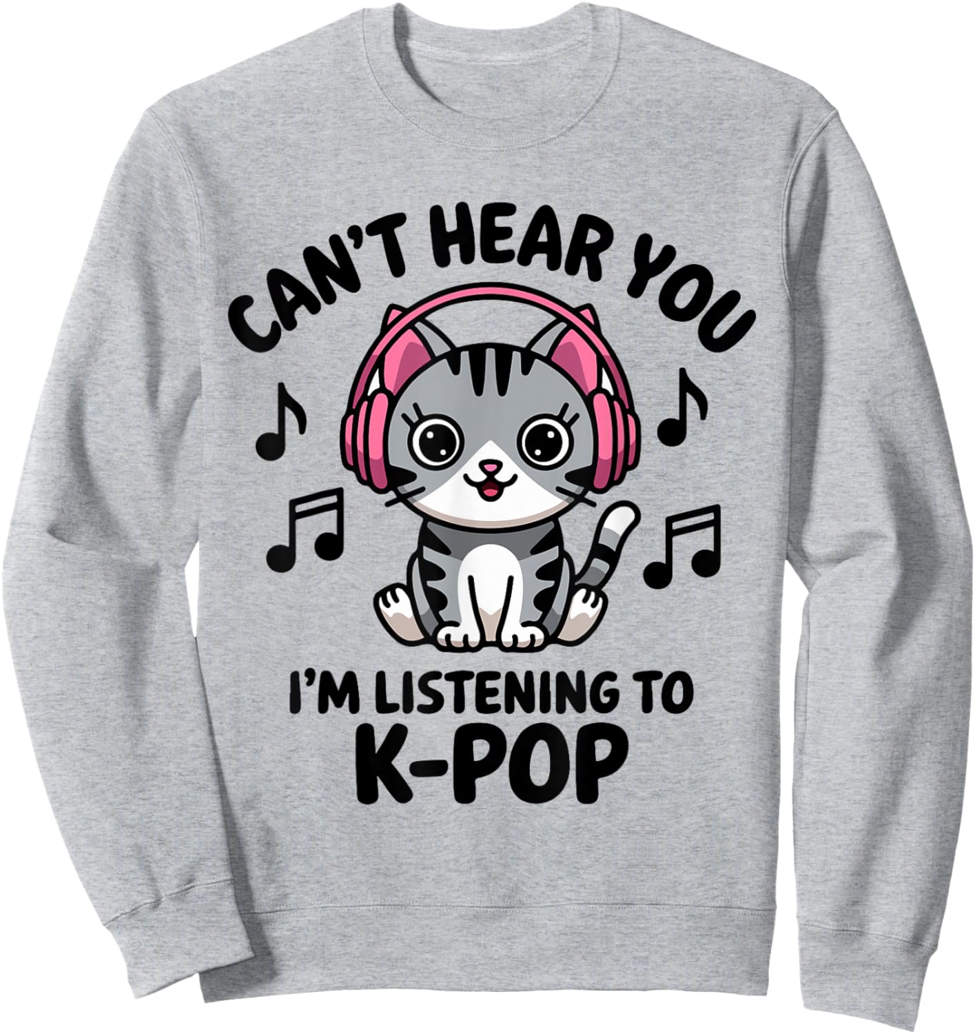 Cute Cat Listening to K-Pop Music Headphones Lovers Sweatshirt - Sweatshirt | Ash