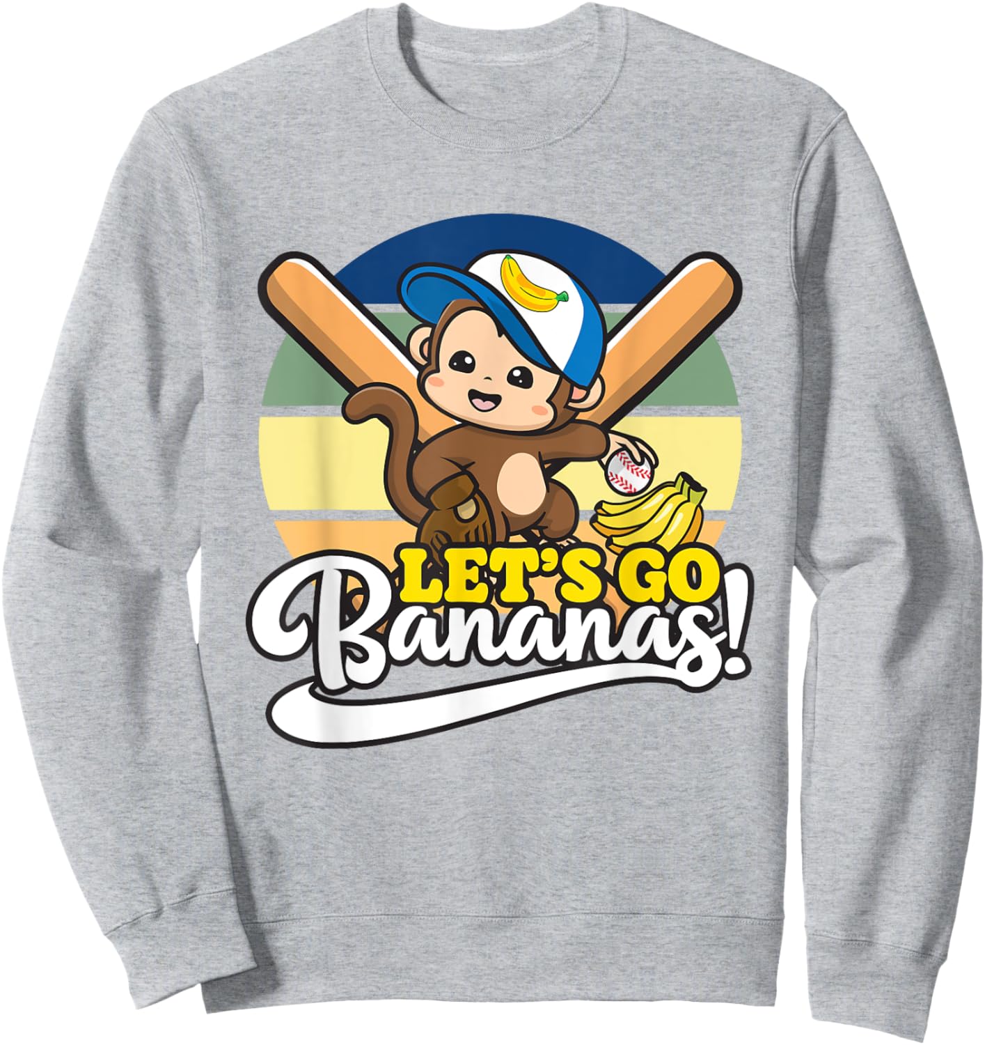 Cute Kawaii Monkey, Funny Let’s Go Bananas Baseball Sweatshirt - Sweatshirt | Ash