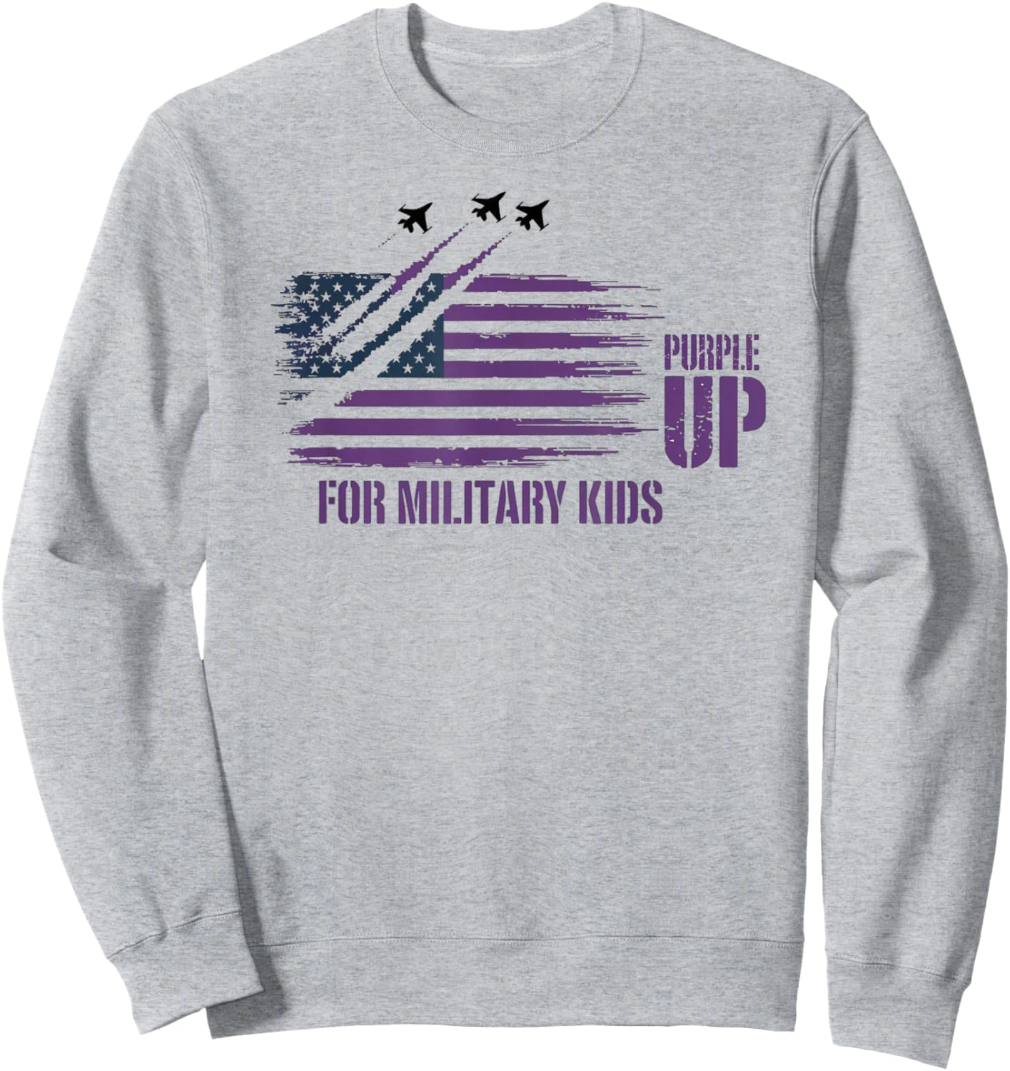 Purple Up for Military Kids Distressed American Flag Sweatshirt - Sweatshirt | Ash