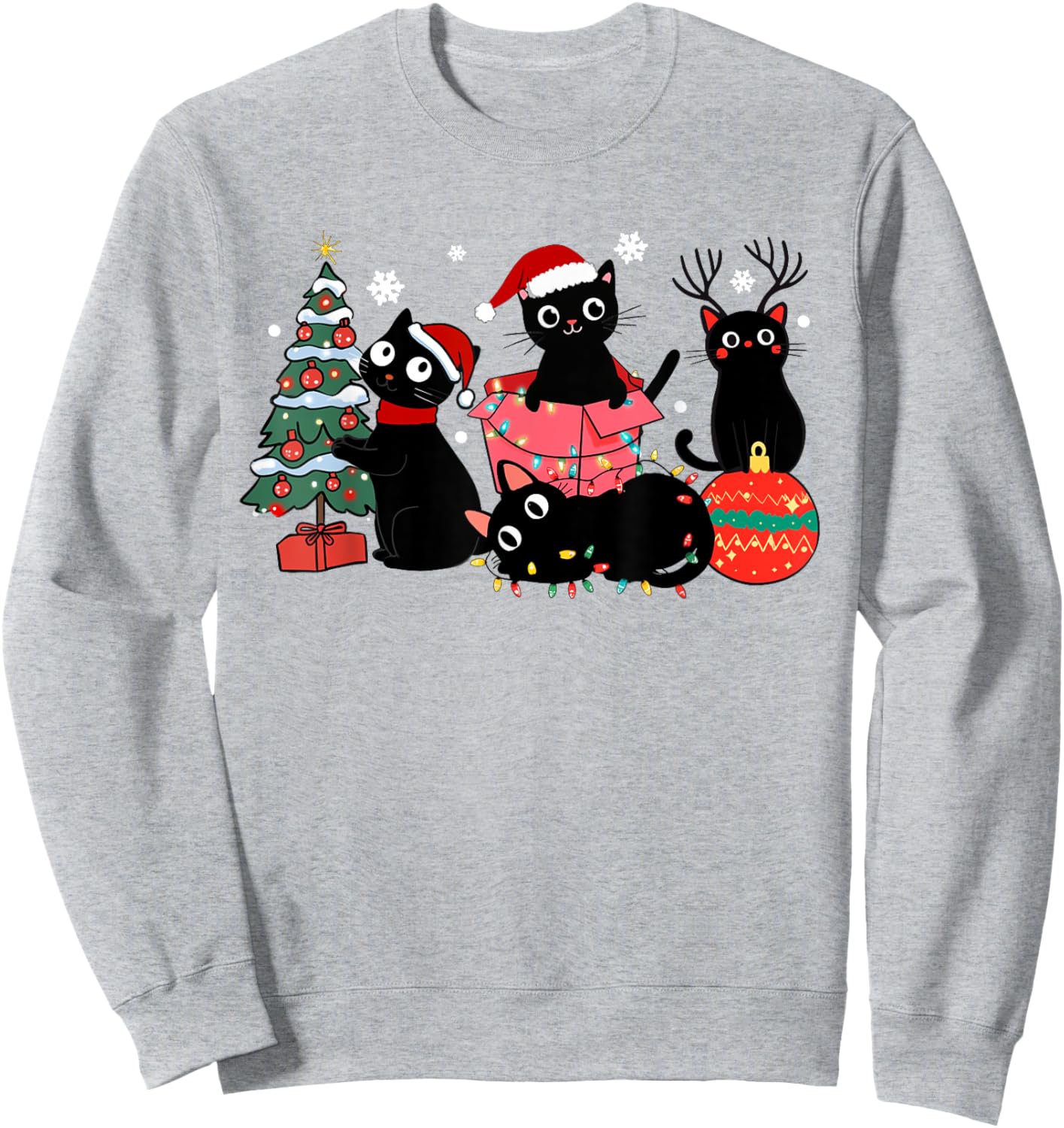 Meowy Christmas Black Cats Play Christmas Tree Lights Cats Sweatshirt - Sweatshirt | Ash