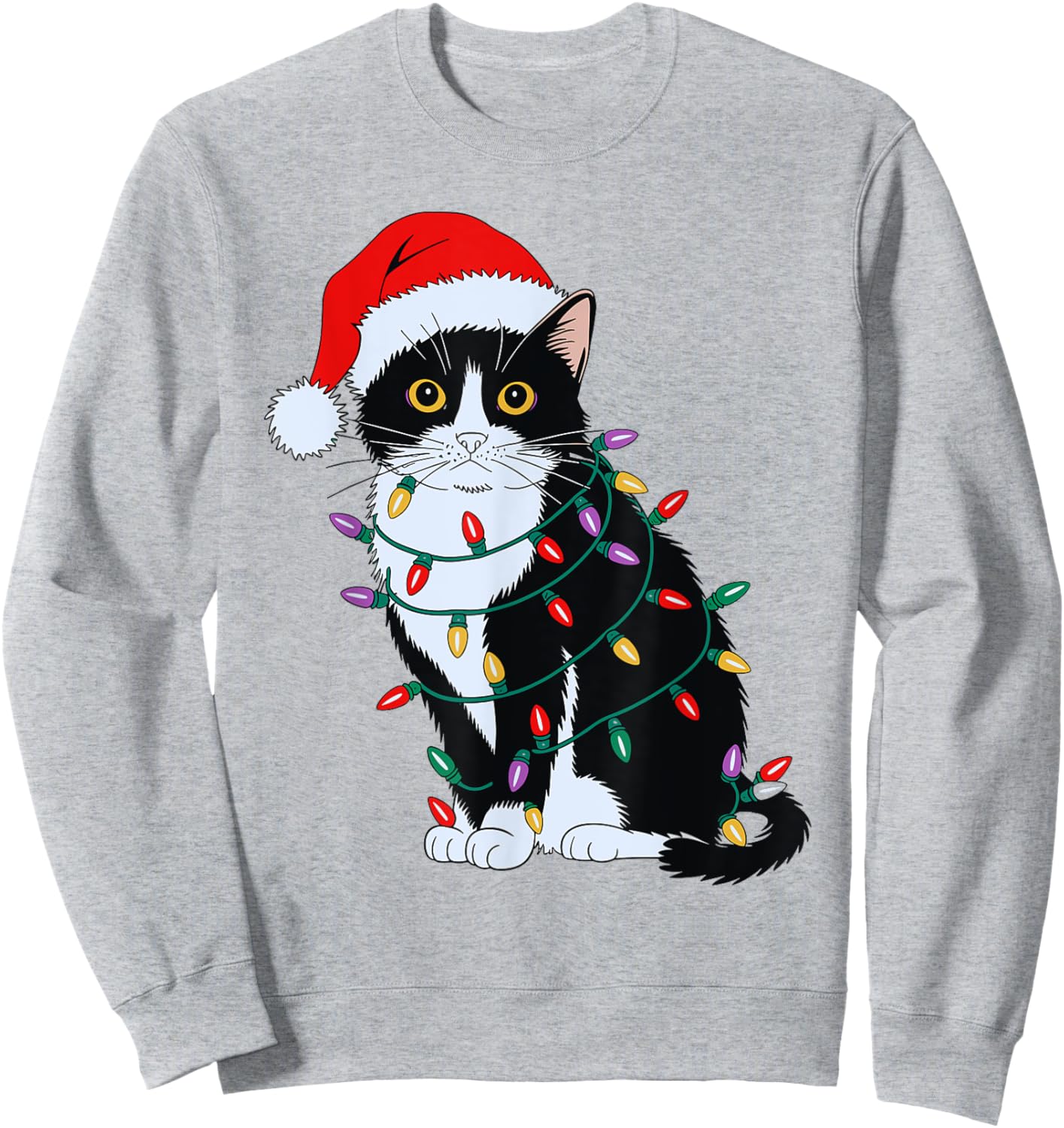 Tuxedo Cat Wearing Santa Hat Christmas Tree Lights Cat Lover Sweatshirt - Sweatshirt | Ash