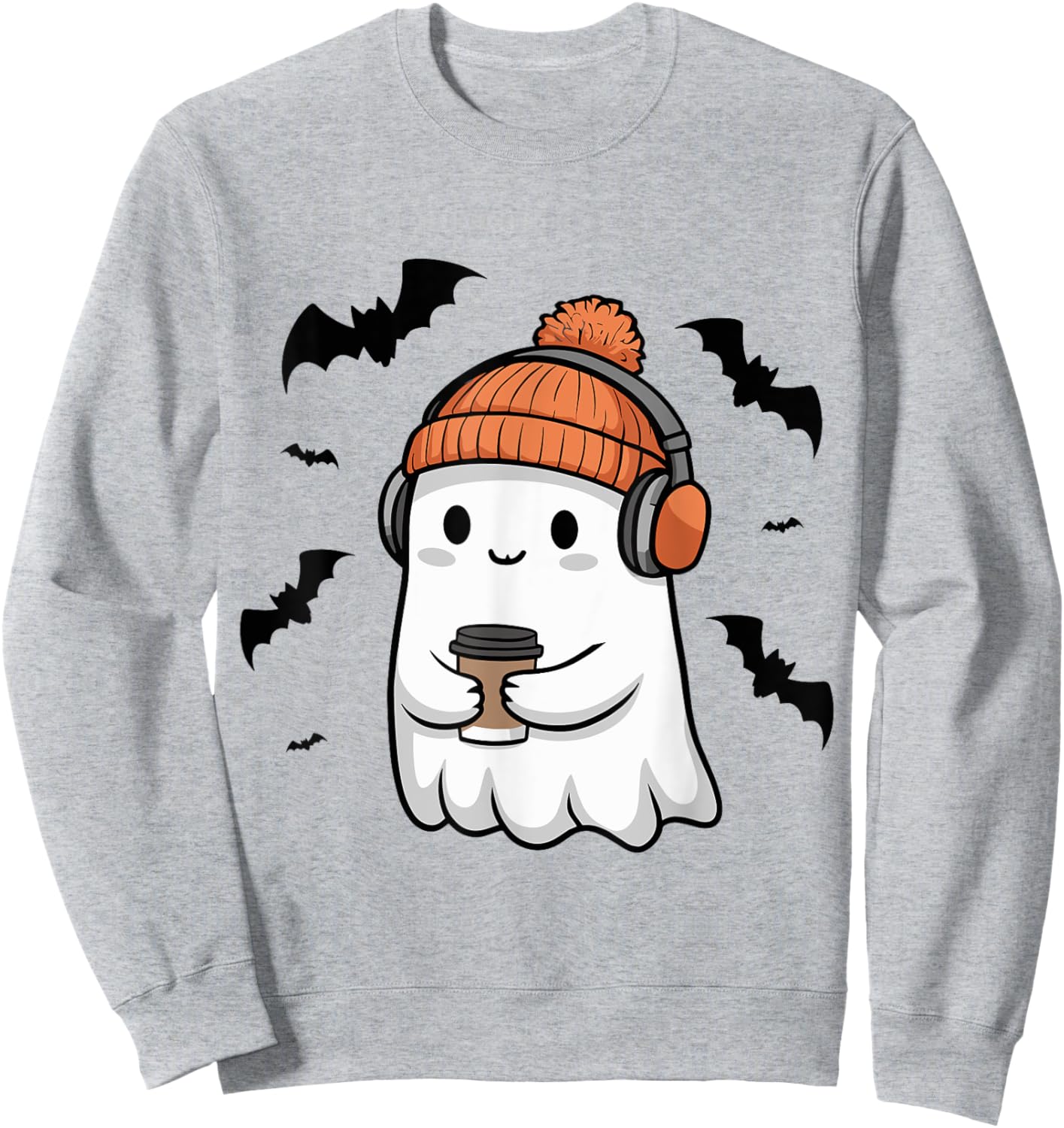 Cute Ghost Headphone Music Coffee Spooky Halloween Sweatshirt - Sweatshirt | Ash