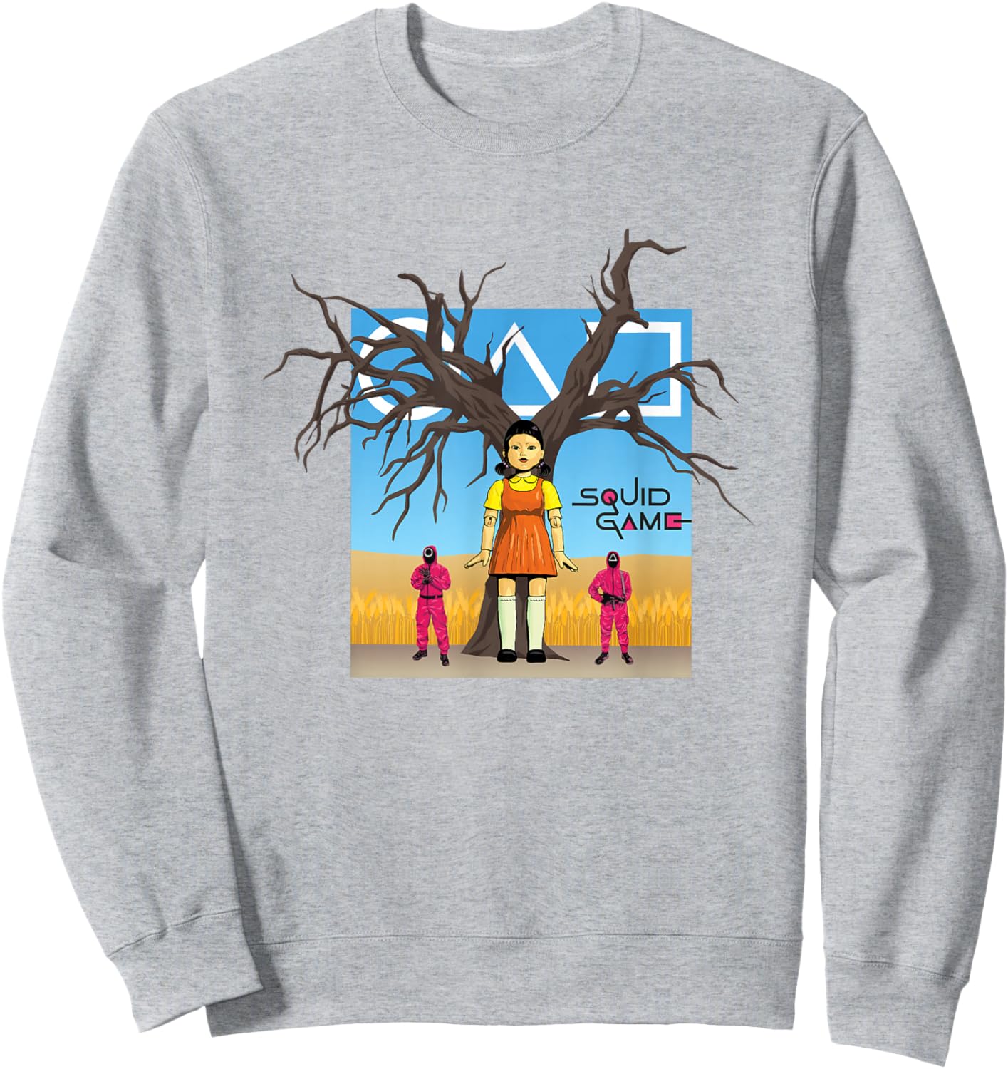 Squid Game 2 Doll & Guards In Red Light Green Light Field Sweatshirt - Sweatshirt | Ash