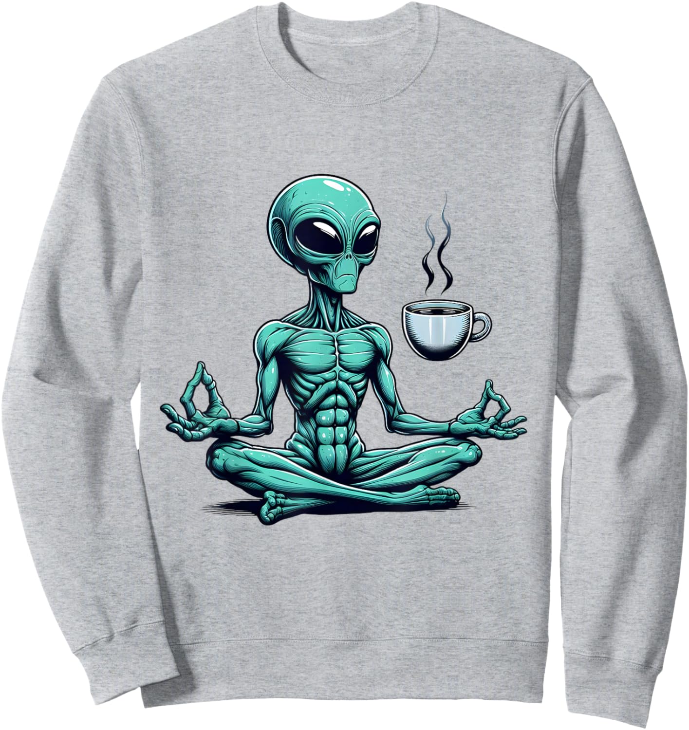 Alien Yoga With Coffee Mug UFO Lover Funny Meditate Poses Sweatshirt - Sweatshirt | Ash