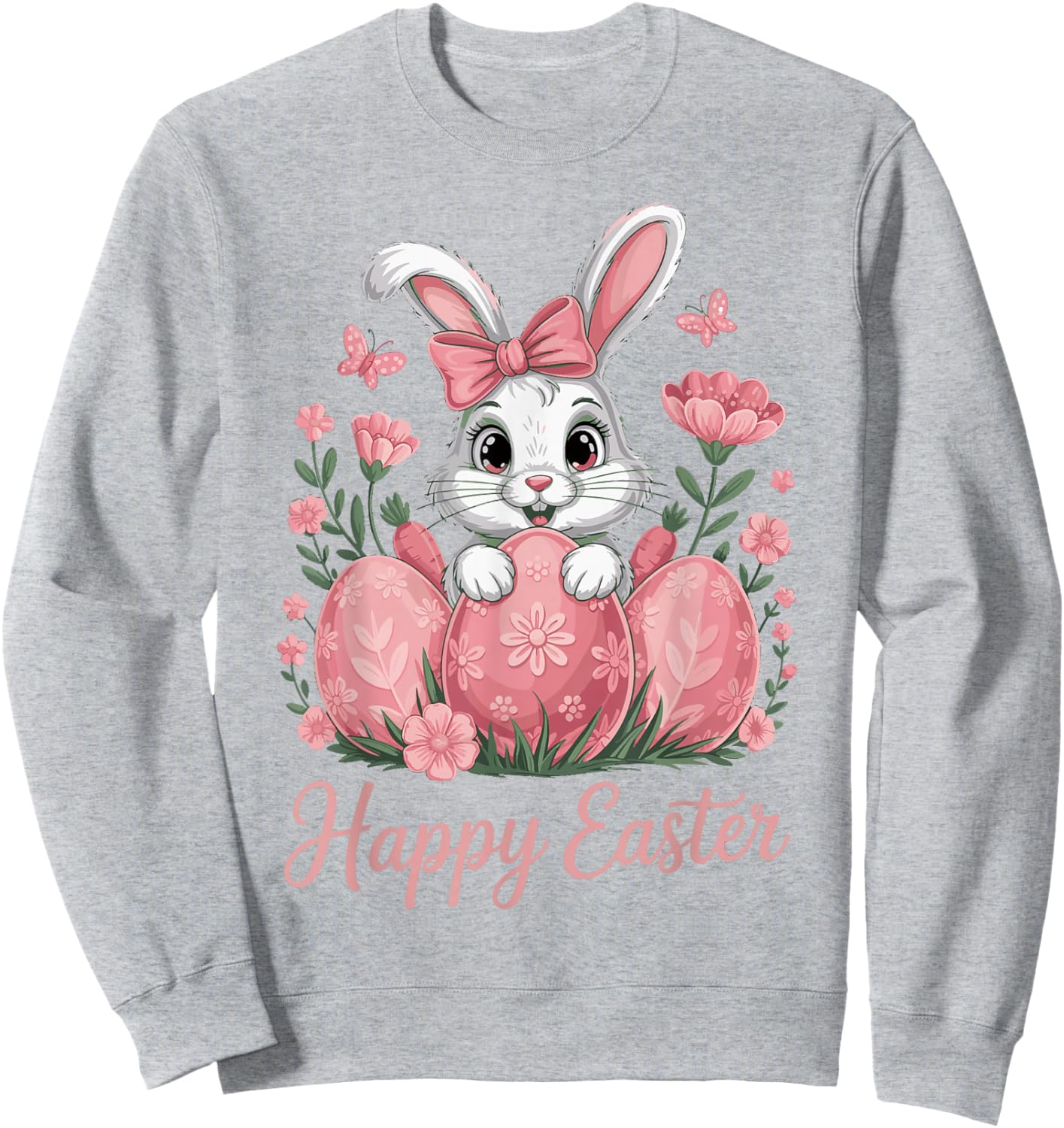 Cute Pink Bunny Eggs Flowers Happy Easter Sweatshirt - Sweatshirt | Ash