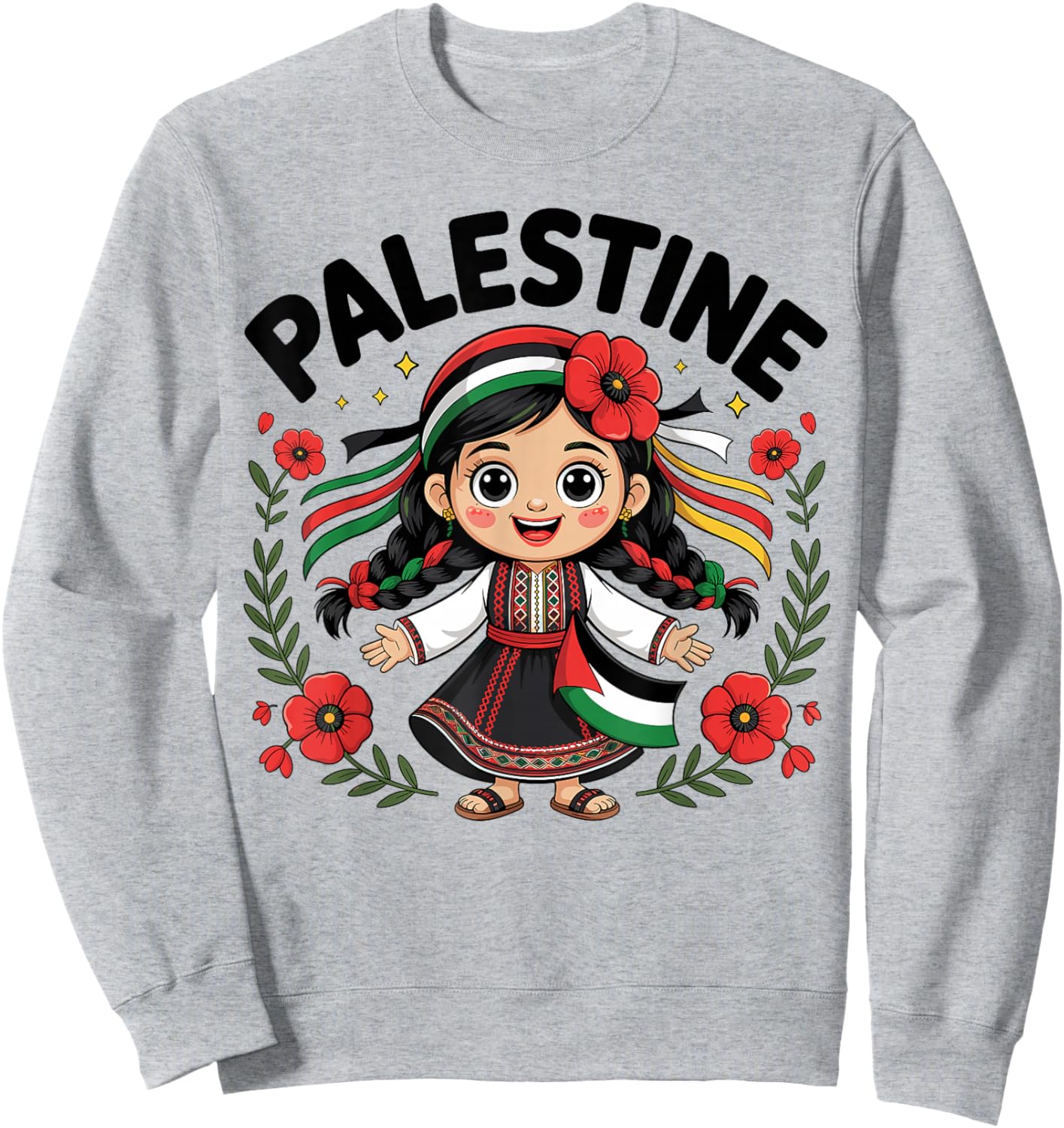Cute Palestinian Girl in Traditional Embroidery Dress Kids Sweatshirt - Sweatshirt | Ash