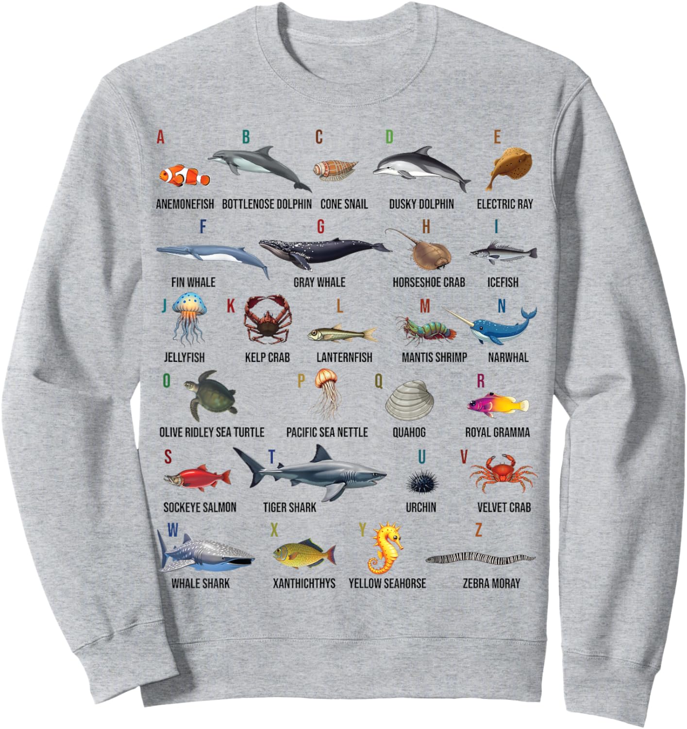 A-Z Ocean Life Alphabet Marine Creatures Exploration Sweatshirt - Sweatshirt | Ash