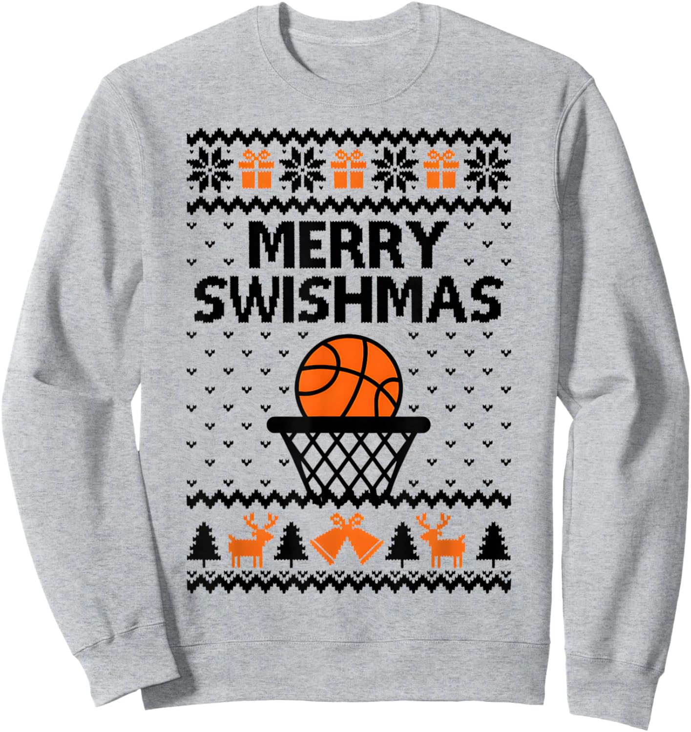 Merry Swishmas X-Mas Basketball Ugly Christmas Sweater Style Sweatshirt - Sweatshirt | Ash