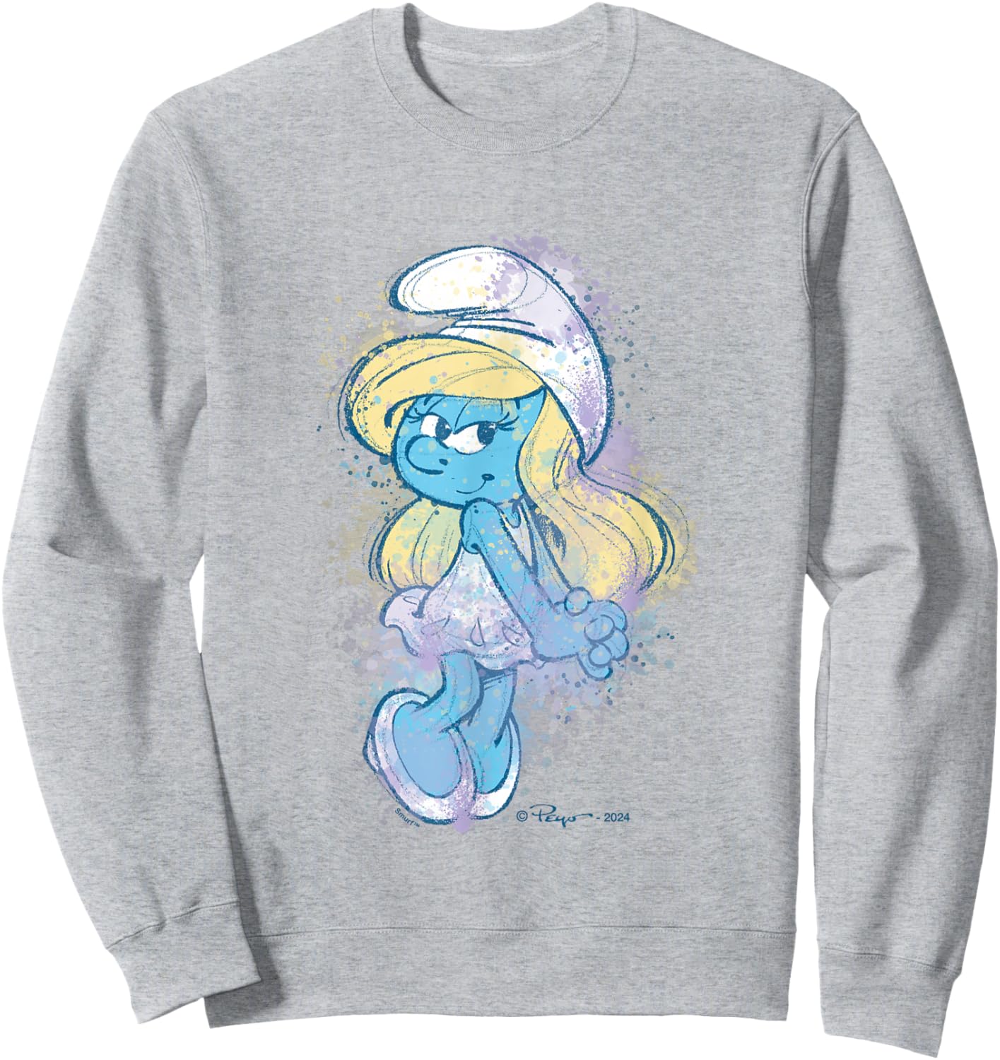 The Smurfs Cute Smurfette Watercolor Portrait Distressed Sweatshirt - Sweatshirt | Ash