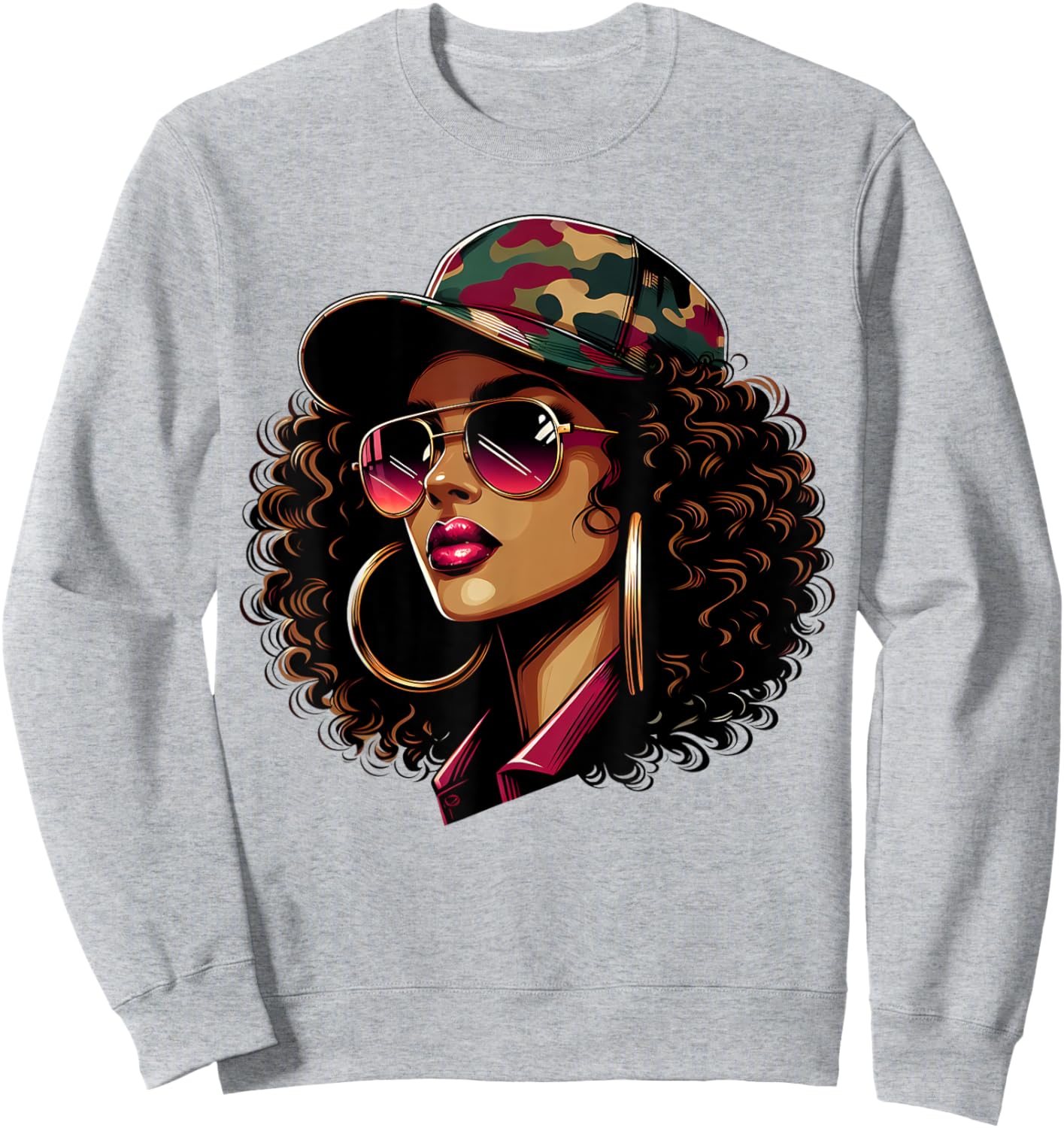 Queen Black Woman With Camo Cap Locs African American Sweatshirt - Sweatshirt | Ash