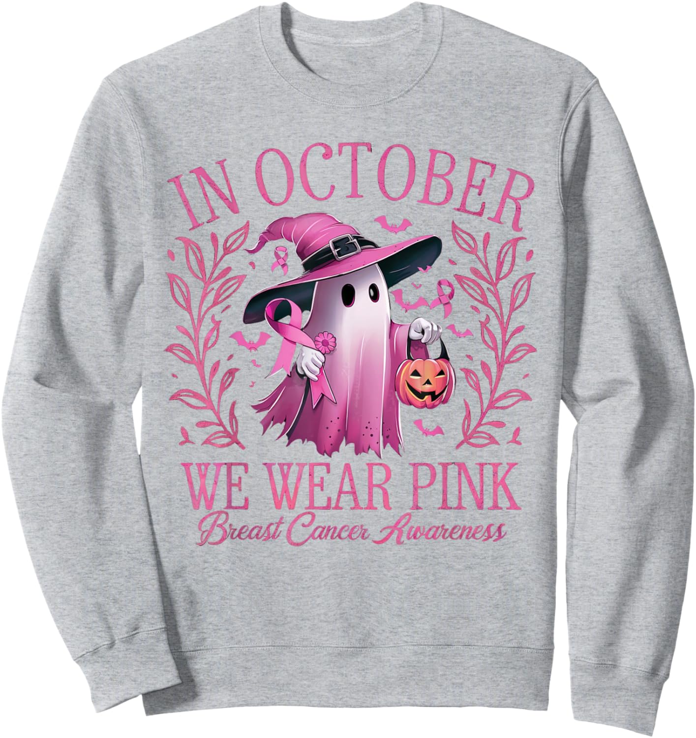 In October We Wear Pink Breast Cancer Awareness Halloween Sweatshirt - Sweatshirt | Ash