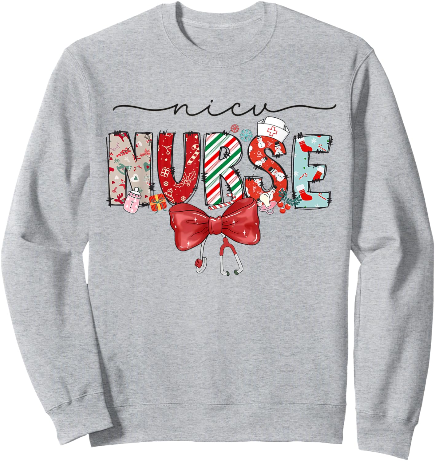 NICU Nurse Christmas Coquette Bow Holiday NICU Crew Team Sweatshirt - Sweatshirt | Ash