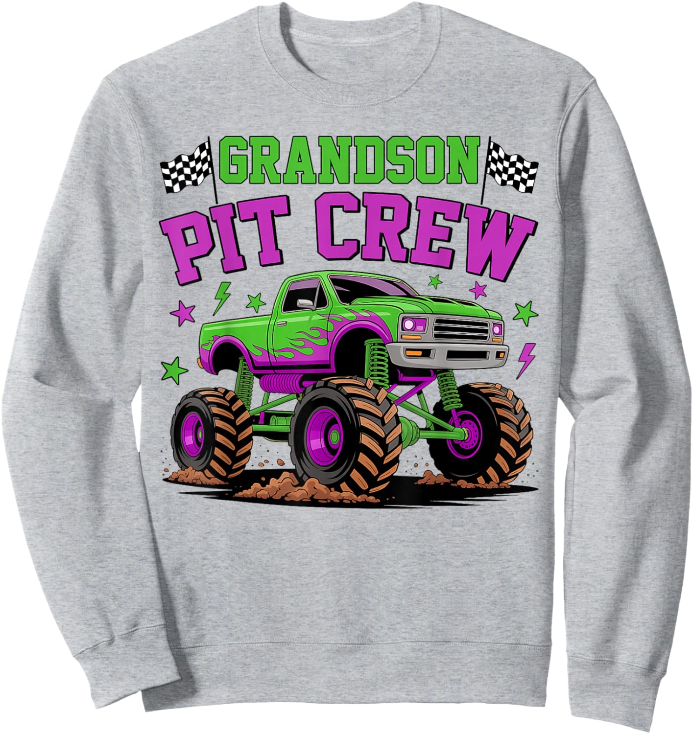 Grandson Pit Crew Monster Truck Birthday Matching Family Sweatshirt - Sweatshirt | Ash