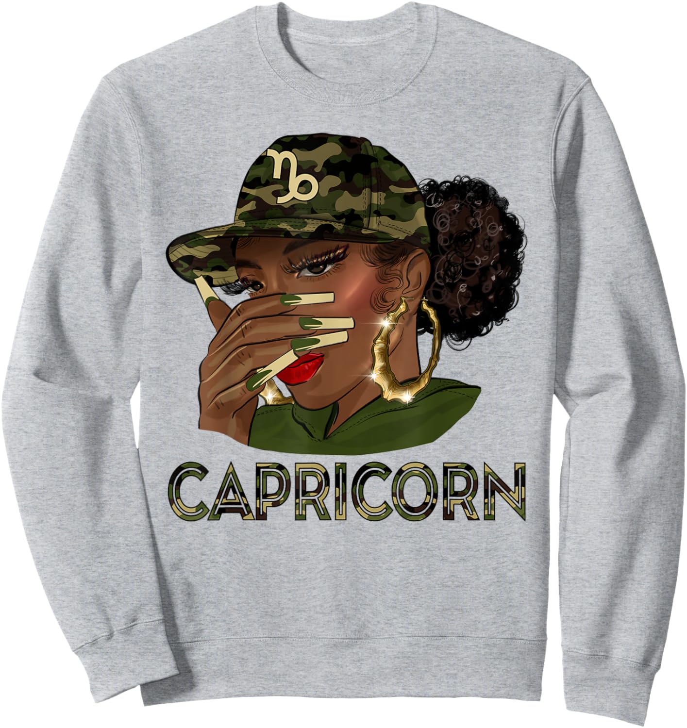 Capricorn Queen Black Girl With Cap Camo Afro Woman Zodiac Sweatshirt - Sweatshirt | Ash