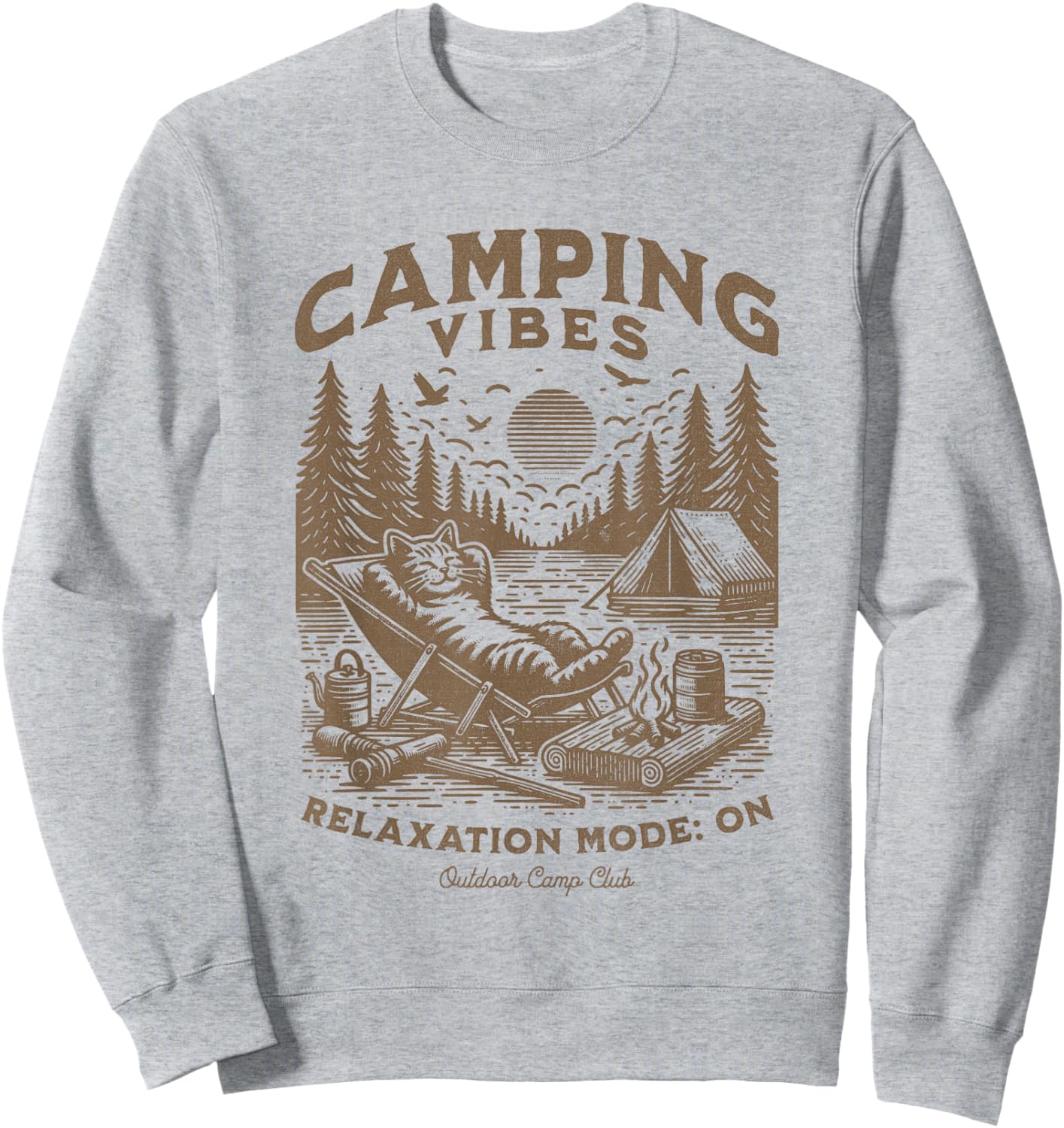 Camping Vibes Funny Cat Campfire Outdoor Nature Lovers Camp Men Women Kids Sweatshirt - Sweatshirt | Ash